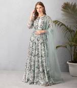 Ice Blue Anarkali Floral Dress With Organza Dupatta