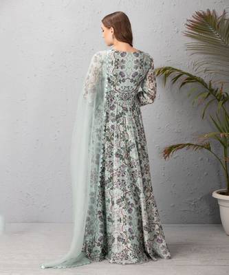 Ice Blue Anarkali Floral Dress With Organza Dupatta 2