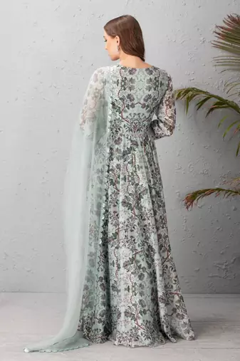 Ice Blue Anarkali Floral Dress With Organza Dupatta