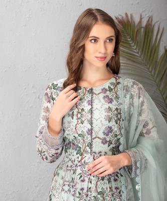 Ice Blue Anarkali Floral Dress With Organza Dupatta 3