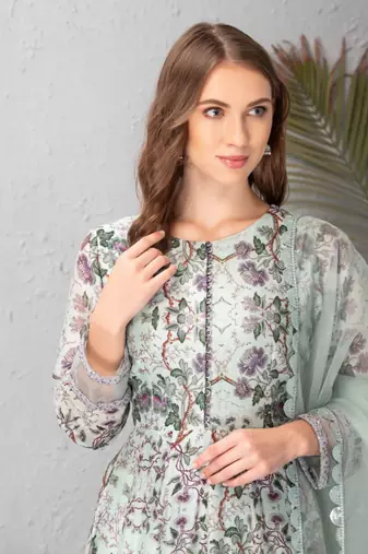 Ice Blue Anarkali Floral Dress With Organza Dupatta
