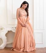 Peach Bloom Silk Linen Anarkali With Handwork Of Zardozi In Chand Motifs Clubbed With Mukaish Dupatta.