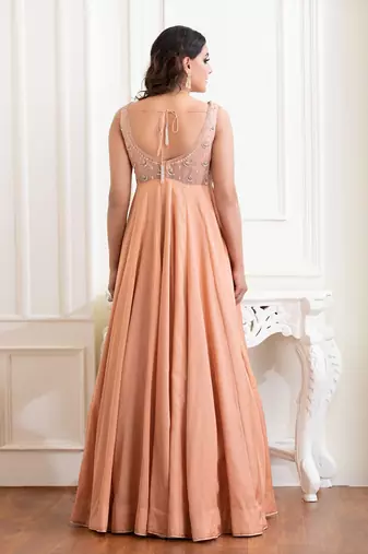 Peach Bloom Silk Linen Anarkali With Handwork Of Zardozi In Chand Motifs Clubbed With Mukaish Dupatta.