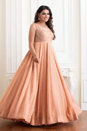 Peach Bloom Silk Linen Anarkali With Handwork Of Zardozi In Chand Motifs Clubbed With Mukaish Dupatta.
