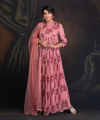 Ash Rose Georgette Printed Anarkali With Key Hole Detail Clubbed With Mukaish Dupatta 1