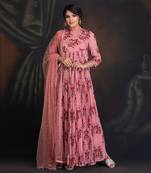 Ash Rose Georgette Printed Anarkali With Key Hole Detail Clubbed With Mukaish Dupatta