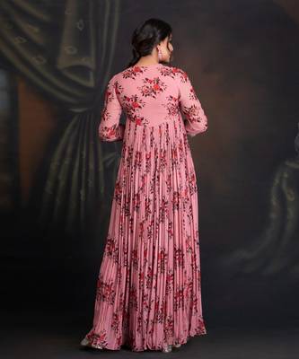Ash Rose Georgette Printed Anarkali With Key Hole Detail Clubbed With Mukaish Dupatta 2