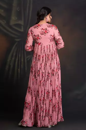 Ash Rose Georgette Printed Anarkali With Key Hole Detail Clubbed With Mukaish Dupatta