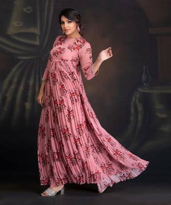 Ash Rose Georgette Printed Anarkali With Key Hole Detail Clubbed With Mukaish Dupatta 3
