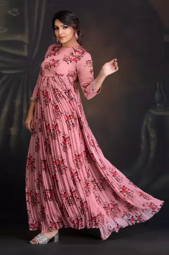 Ash Rose Georgette Printed Anarkali With Key Hole Detail Clubbed With Mukaish Dupatta