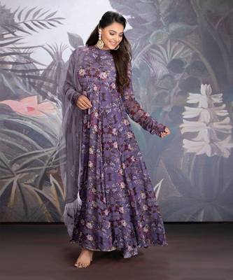 Heirloom Lilac Georgette Printed Anarkali With Keyhole Detail Clubbed With Organza Dupatta With Sequin And Resham Work 1