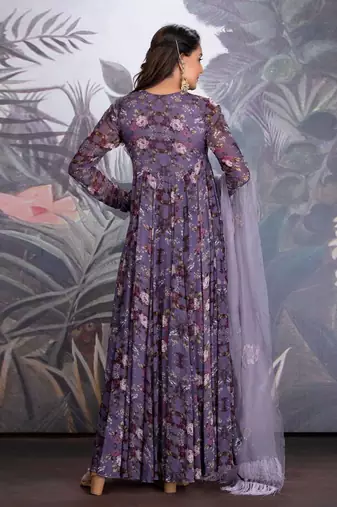 Heirloom Lilac Georgette Printed Anarkali With Keyhole Detail Clubbed With Organza Dupatta With Sequin And Resham Work