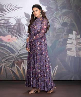 Heirloom Lilac Georgette Printed Anarkali With Keyhole Detail Clubbed With Organza Dupatta With Sequin And Resham Work 3