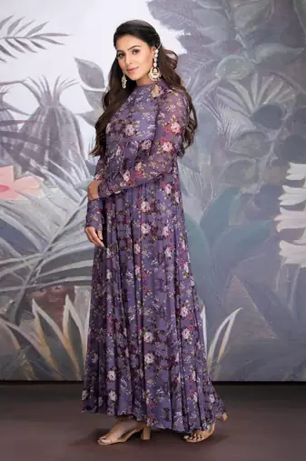 Heirloom Lilac Georgette Printed Anarkali With Keyhole Detail Clubbed With Organza Dupatta With Sequin And Resham Work