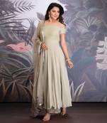 Baize Green Georgette Off Shoulder Anarkali Clubbed With Silk Organza Pants And Dupatta With Resham Work