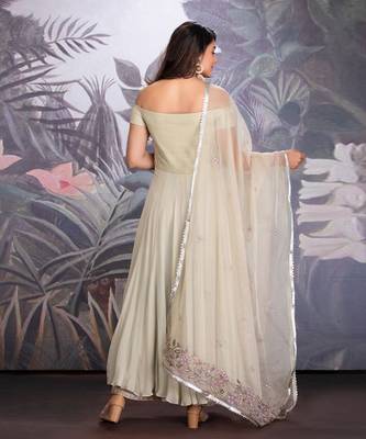 Baize Green Georgette Off Shoulder Anarkali Clubbed With Silk Organza Pants And Dupatta With Resham Work 2