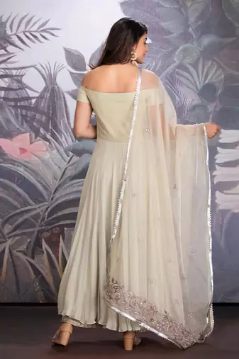 Baize Green Georgette Off Shoulder Anarkali Clubbed With Silk Organza Pants And Dupatta With Resham Work