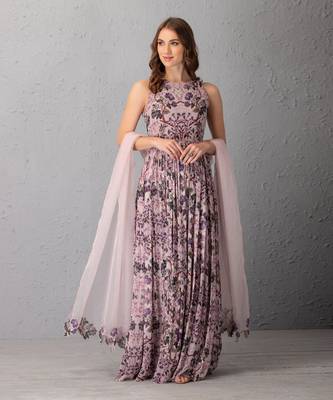 Mauve Chalk Floral Anarkali With Organza Dupatta With Cutwork Details 1