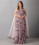 Mauve Chalk Floral Anarkali With Organza Dupatta With Cutwork Details
