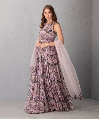 Mauve Chalk Floral Anarkali With Organza Dupatta With Cutwork Details 2