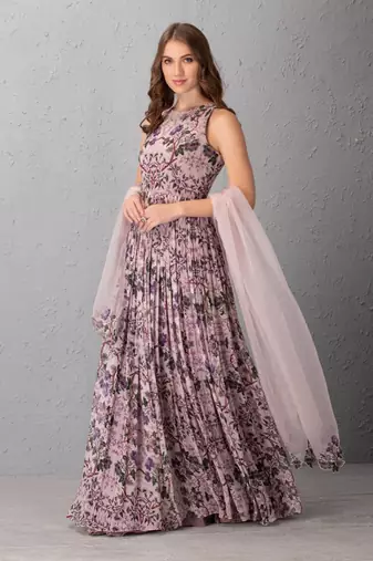 Mauve Chalk Floral Anarkali With Organza Dupatta With Cutwork Details