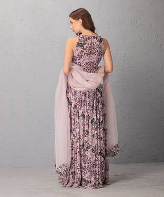 Mauve Chalk Floral Anarkali With Organza Dupatta With Cutwork Details 3