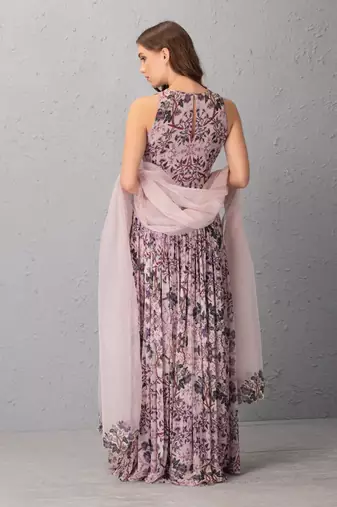 Mauve Chalk Floral Anarkali With Organza Dupatta With Cutwork Details