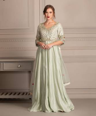 Mint Green Anarkali In Mirror Work With Tuelle Dupatta 1