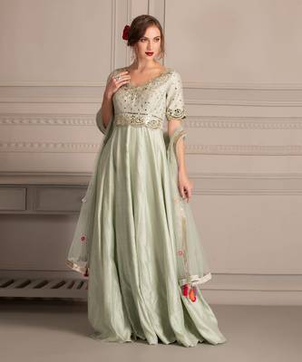 Mint Green Anarkali In Mirror Work With Tuelle Dupatta 2