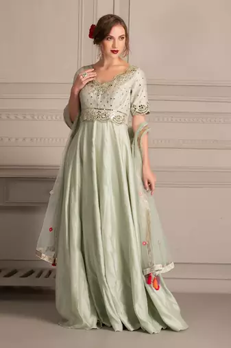 Mint Green Anarkali In Mirror Work With Tuelle Dupatta