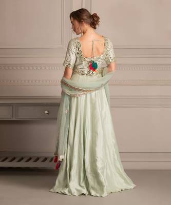 Mint Green Anarkali In Mirror Work With Tuelle Dupatta 3