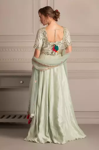 Mint Green Anarkali In Mirror Work With Tuelle Dupatta
