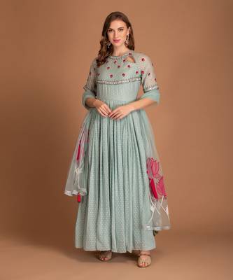 Ice Blue Anarkali With Frenchkurt Derals And Dupatta With Applique Details 1