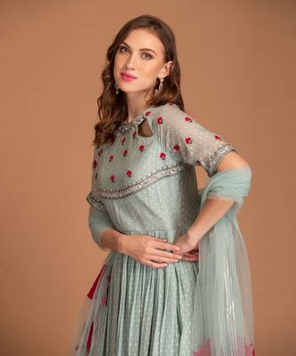 Ice Blue Anarkali With Frenchkurt Derals And Dupatta With Applique Details 2