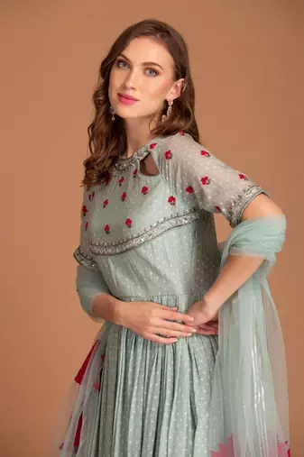 Ice Blue Anarkali With Frenchkurt Derals And Dupatta With Applique Details