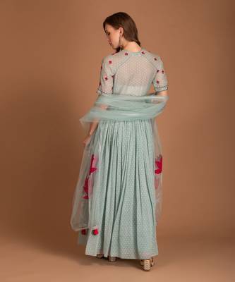 Ice Blue Anarkali With Frenchkurt Derals And Dupatta With Applique Details 3