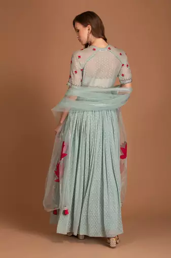 Ice Blue Anarkali With Frenchkurt Derals And Dupatta With Applique Details