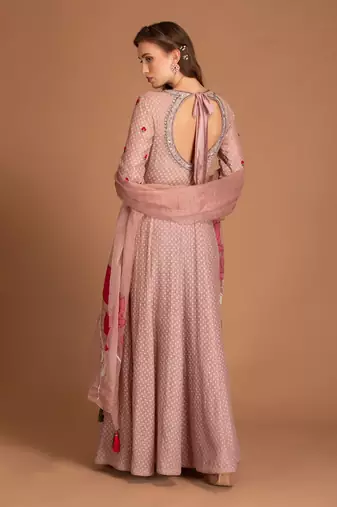 Mauve Chalk Anarkali Crinkle Details & Applique Dupatta