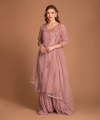 Mauve Chalk Sharara In Crincked Georgette With Silk Linen Kurta With Dabka 1