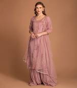 Mauve Chalk Sharara In Crincked Georgette With Silk Linen Kurta With Dabka