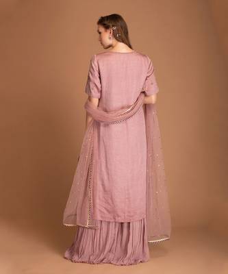 Mauve Chalk Sharara In Crincked Georgette With Silk Linen Kurta With Dabka 2