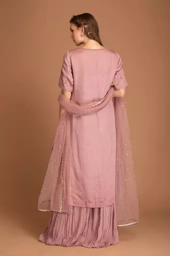 Mauve Chalk Sharara In Crincked Georgette With Silk Linen Kurta With Dabka