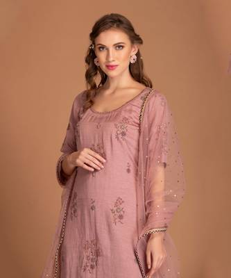 Mauve Chalk Sharara In Crincked Georgette With Silk Linen Kurta With Dabka 3