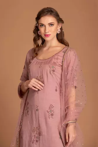 Mauve Chalk Sharara In Crincked Georgette With Silk Linen Kurta With Dabka