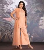 Peach Bloom Silk Linen Short Tunic In Resham & Dabka Work Clubbed With Organza Pant