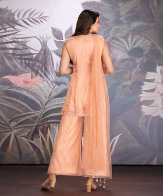 Peach Bloom Silk Linen Short Tunic In Resham & Dabka Work Clubbed With Organza Pant 2