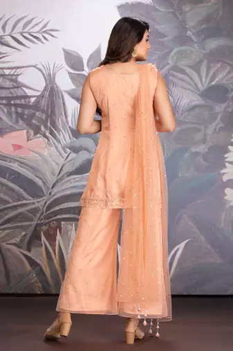 Peach Bloom Silk Linen Short Tunic In Resham & Dabka Work Clubbed With Organza Pant