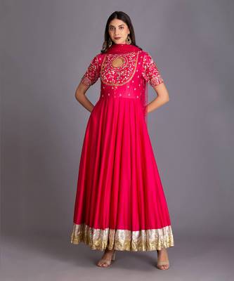 Hot Pink Anarkali With Intricate Artwork & Embellished Bird Motifs 1