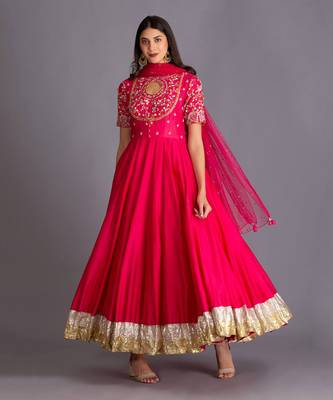 Hot Pink Anarkali With Intricate Artwork & Embellished Bird Motifs 2