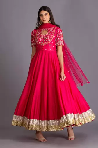 Hot Pink Anarkali With Intricate Artwork & Embellished Bird Motifs